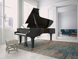 Black piano moved to a living room. 3d rendering