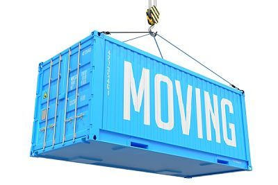 International Moving Company - Blue Cargo Container hoisted by hook, Isolated on White Background.
