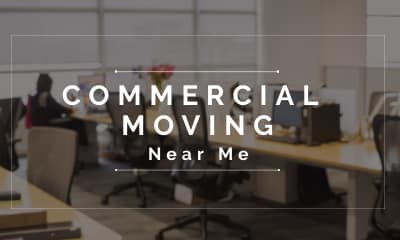 Commercial Moving Services in CT By Collegian Movers With An Blurry Graphic of Commercial Office Space Set Up with Large Desks, Office Chairs and Computers