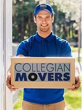 Collegian Mover At Front Door With Moving Box In Hands