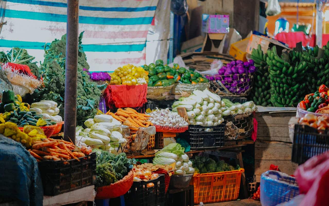 Assorted vegetables on crates