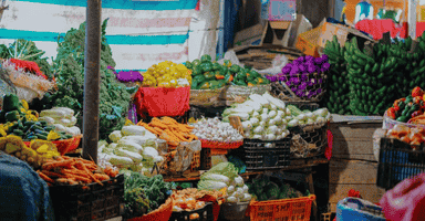 Assorted vegetables on crates at a local Greenwich farmers market.