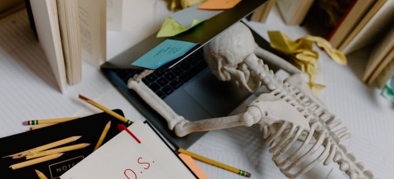 A skeleton leaning on a laptop