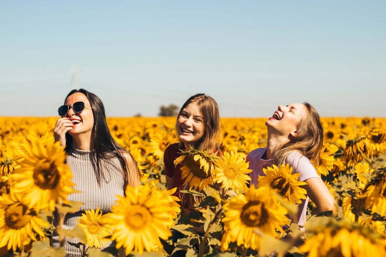 Happy people in a sunflower field