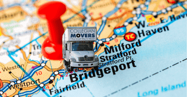 Bridgeport CT driving map with Collegian Movers truck providing local moving services.”