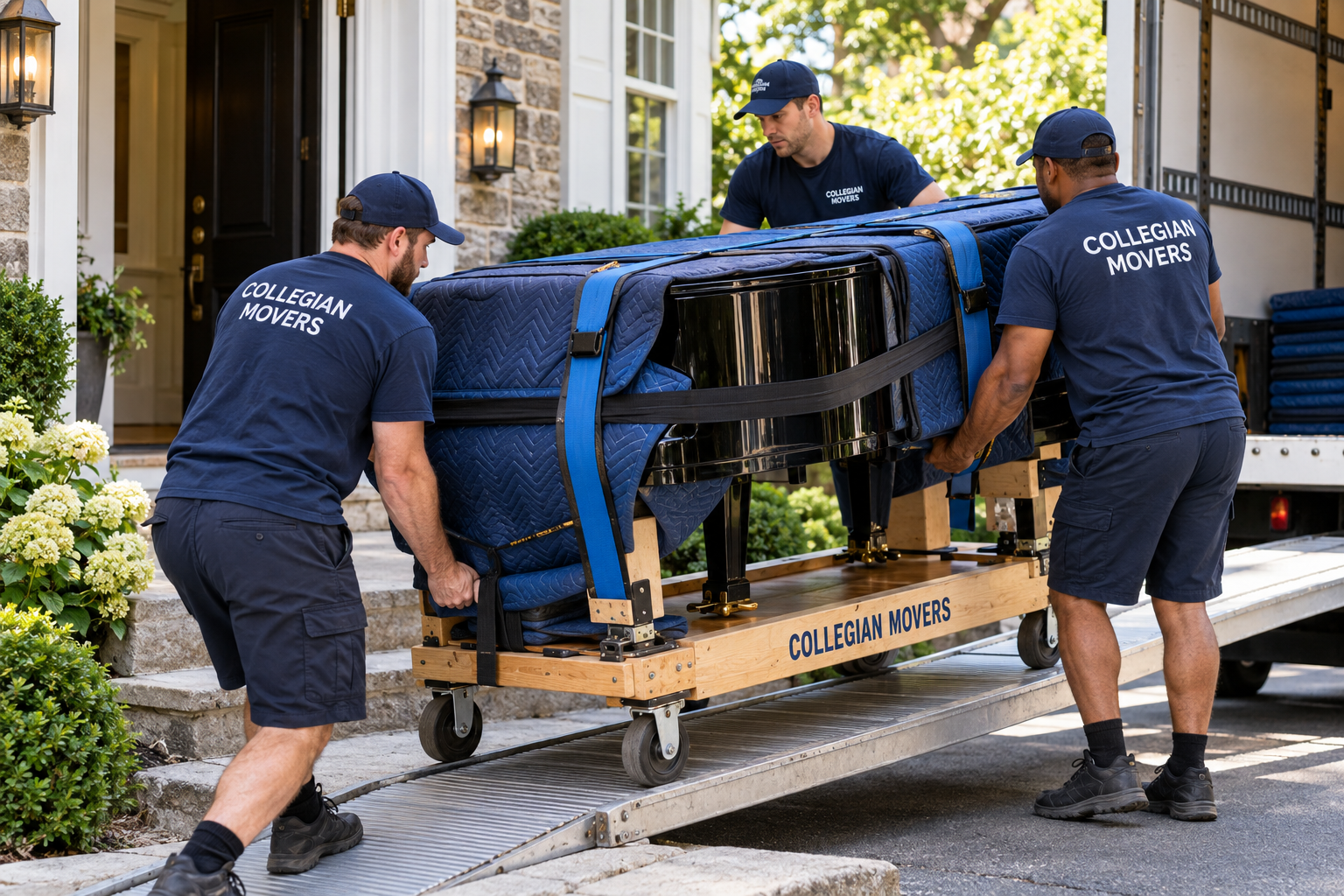 Collegian Movers using a professional piano board to move a piano in Connecticut