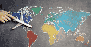 Colorful World Map with toy plane flying over North America
