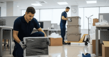 Set of two commercial movers preparing for an office move.